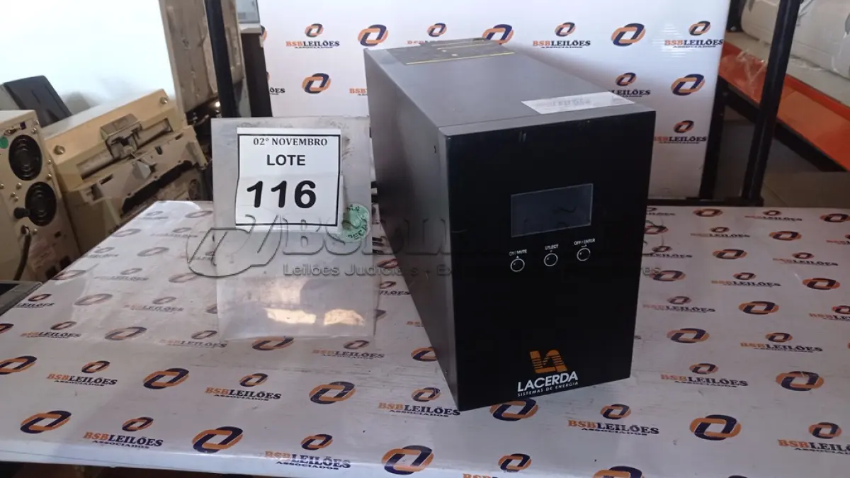 LOTE 116 - 01 NOBREAK MARCA LACERDA 2000VA. (NO ESTADO) ATENÇÃO! FAZER A VISITAÇÃO ANTES DE ARREMATAR, NÃO SABEMOS SE FUNCIONA, LEILÃO NÃO TEM GARANTIA E NEM DEVOLUÇÃO, SUJEITO A POSSÍVEIS AVARIAS VISÍVEIS/OCULTAS E/OU AUSÊNCIA DE COMPONENTES.