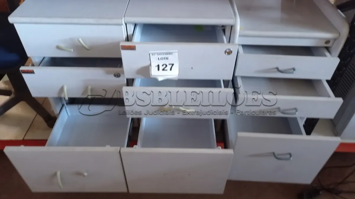 LOTE 127 - 02 GAVETEIROS 03 GAVETAS CADA. (NO ESTADO) ATENÇÃO! FAZER A VISITAÇÃO ANTES DE ARREMATAR, NÃO SABEMOS SE FUNCIONA, LEILÃO NÃO TEM GARANTIA E NEM DEVOLUÇÃO, SUJEITO A POSSÍVEIS AVARIAS VISÍVEIS/OCULTAS E/OU AUSÊNCIA DE COMPONENTES.