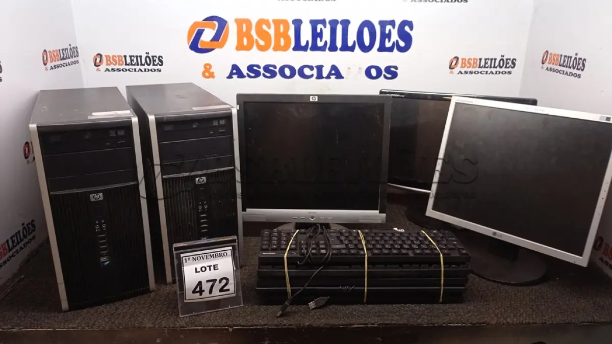 LOTE 472 - 02 CPUS MARCA HP, 03 MONITORES E 05 TECLADOS DE PC. (NO ESTADO) ATENÇÃO! FAZER A VISITAÇÃO ANTES DE ARREMATAR, NÃO SABEMOS SE FUNCIONA, LEILÃO NÃO TEM GARANTIA E NEM DEVOLUÇÃO, SUJEITO A POSSÍVEIS AVARIAS VISÍVEIS/OCULTAS E/OU AUSÊNCIA DE COMPONENTES.