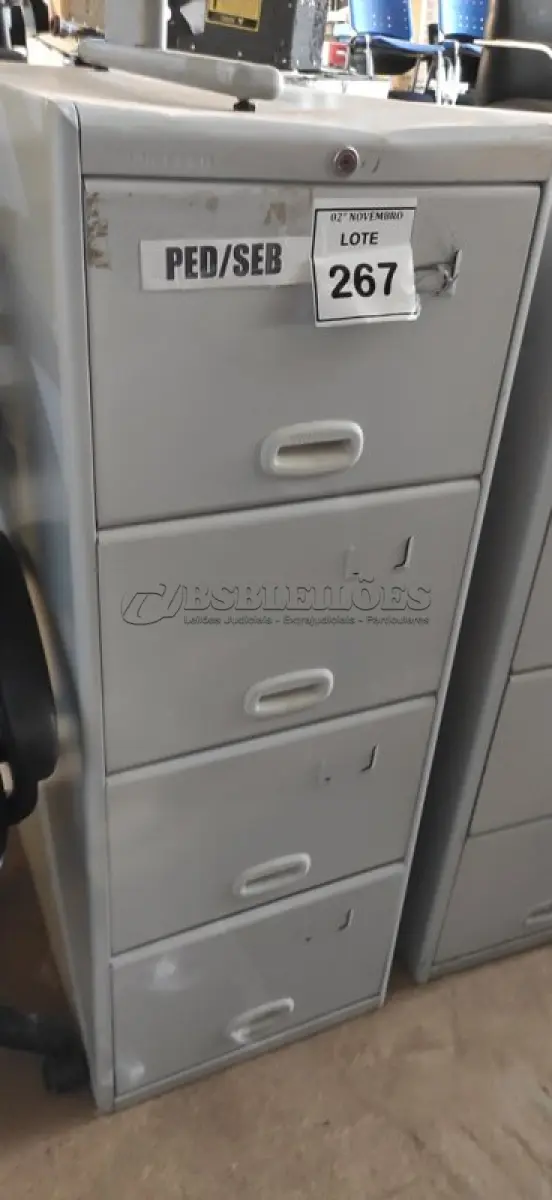 LOTE 267 - 01 ARQUIVO DE AÇO COM 04 GAVETAS. (NO ESTADO) ATENÇÃO! FAZER A VISITAÇÃO ANTES DE ARREMATAR, NÃO SABEMOS SE FUNCIONA, LEILÃO NÃO TEM GARANTIA E NEM DEVOLUÇÃO, SUJEITO A POSSÍVEIS AVARIAS VISÍVEIS/OCULTAS E/OU AUSÊNCIA DE COMPONENTES.