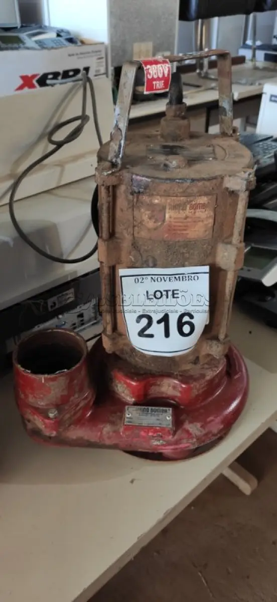 LOTE 216 - 01 BOMBA D’AGUA TRIFÁSICA. (NO ESTADO) ATENÇÃO! FAZER A VISITAÇÃO ANTES DE ARREMATAR, NÃO SABEMOS SE FUNCIONA, LEILÃO NÃO TEM GARANTIA E NEM DEVOLUÇÃO, SUJEITO A POSSÍVEIS AVARIAS VISÍVEIS/OCULTAS E/OU AUSÊNCIA DE COMPONENTES.