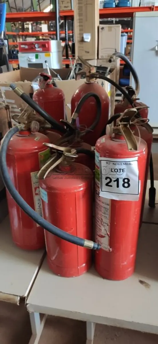 LOTE 218 - 09 EXTINTORES DE INCÊNDIO DE TAMANHOS DIVERSOS. (NO ESTADO) ATENÇÃO! FAZER A VISITAÇÃO ANTES DE ARREMATAR, NÃO SABEMOS SE FUNCIONA, LEILÃO NÃO TEM GARANTIA E NEM DEVOLUÇÃO, SUJEITO A POSSÍVEIS AVARIAS VISÍVEIS/OCULTAS E/OU AUSÊNCIA DE COMPONENTES.
