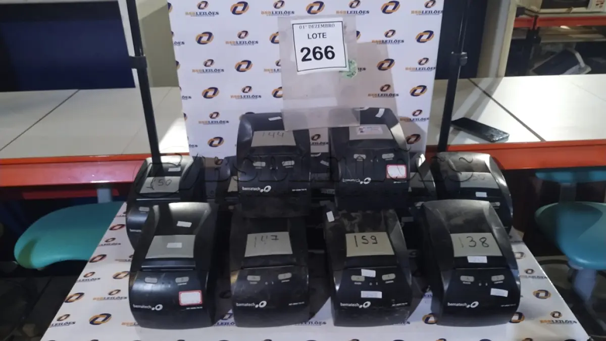 LOTE 266 - 11 IMPRESSORAS DE CUPOM PARA RETIRADA DE PEÇAS MARCA BEMATECH. (NO ESTADO) ATENÇÃO! FAZER A VISITAÇÃO ANTES DE ARREMATAR, NÃO SABEMOS SE FUNCIONA, LEILÃO NÃO TEM GARANTIA E NEM DEVOLUÇÃO, SUJEITO A POSSÍVEIS AVARIAS VISÍVEIS/OCULTAS E/OU AUSÊNCIA DE COMPONENTES.