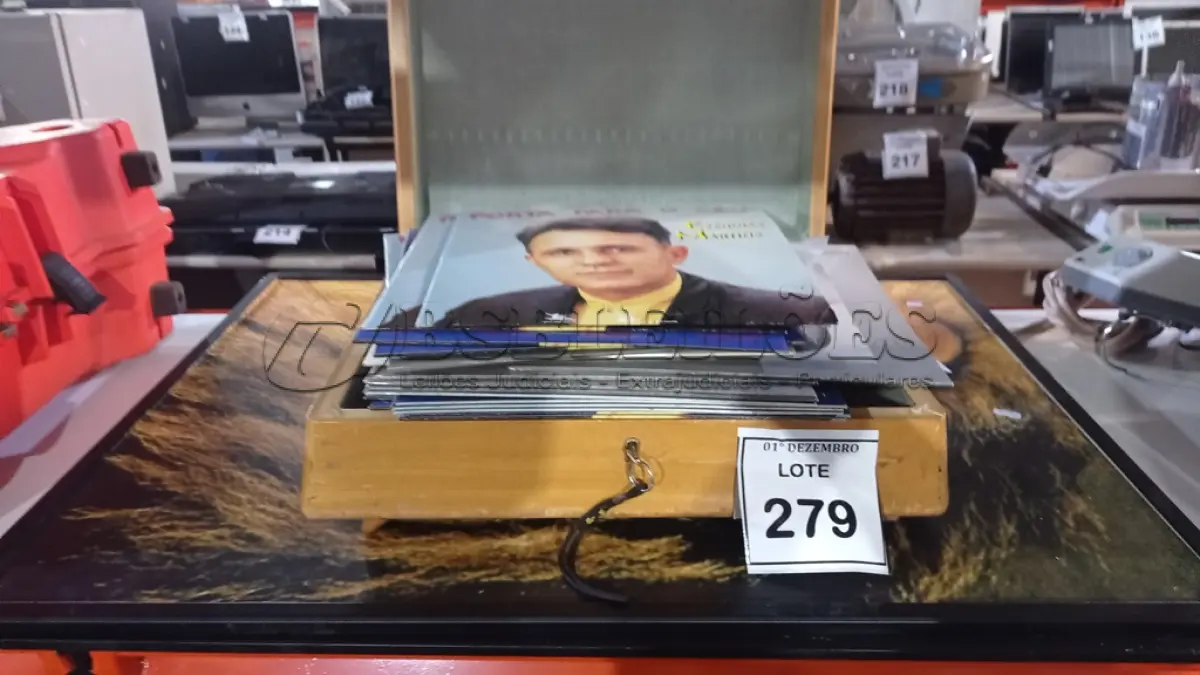 LOTE 279 - 01 QUADRO DECORATIVO, 01 CAIXA DE MADEIRA E GRANDE QUANTIDADE DE DISCOS DE VINIL. (NO ESTADO) ATENÇÃO! FAZER A VISITAÇÃO ANTES DE ARREMATAR, NÃO SABEMOS SE FUNCIONA, LEILÃO NÃO TEM GARANTIA E NEM DEVOLUÇÃO, SUJEITO A POSSÍVEIS AVARIAS VISÍVEIS/OCULTAS E/OU AUSÊNCIA DE COMPONENTES.