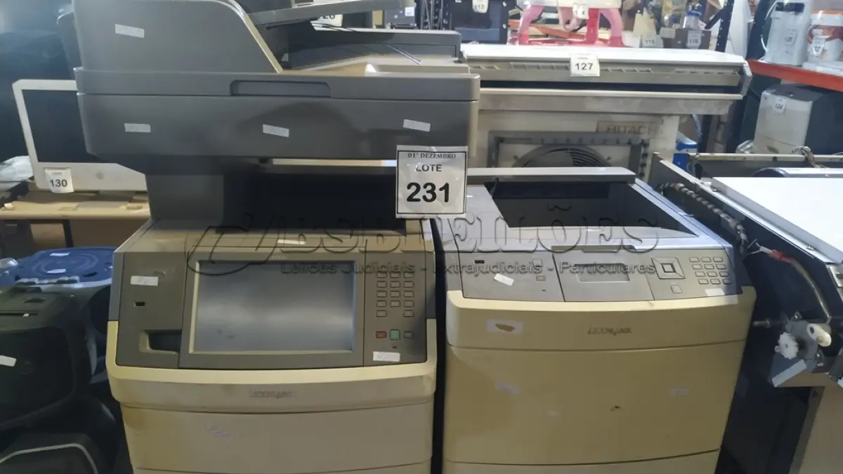 LOTE 231 - 02 IMPRESSORAS MARCA LEXMARK. (NO ESTADO) ATENÇÃO! FAZER A VISITAÇÃO ANTES DE ARREMATAR, NÃO SABEMOS SE FUNCIONA, LEILÃO NÃO TEM GARANTIA E NEM DEVOLUÇÃO, SUJEITO A POSSÍVEIS AVARIAS VISÍVEIS/OCULTAS E/OU AUSÊNCIA DE COMPONENTES.