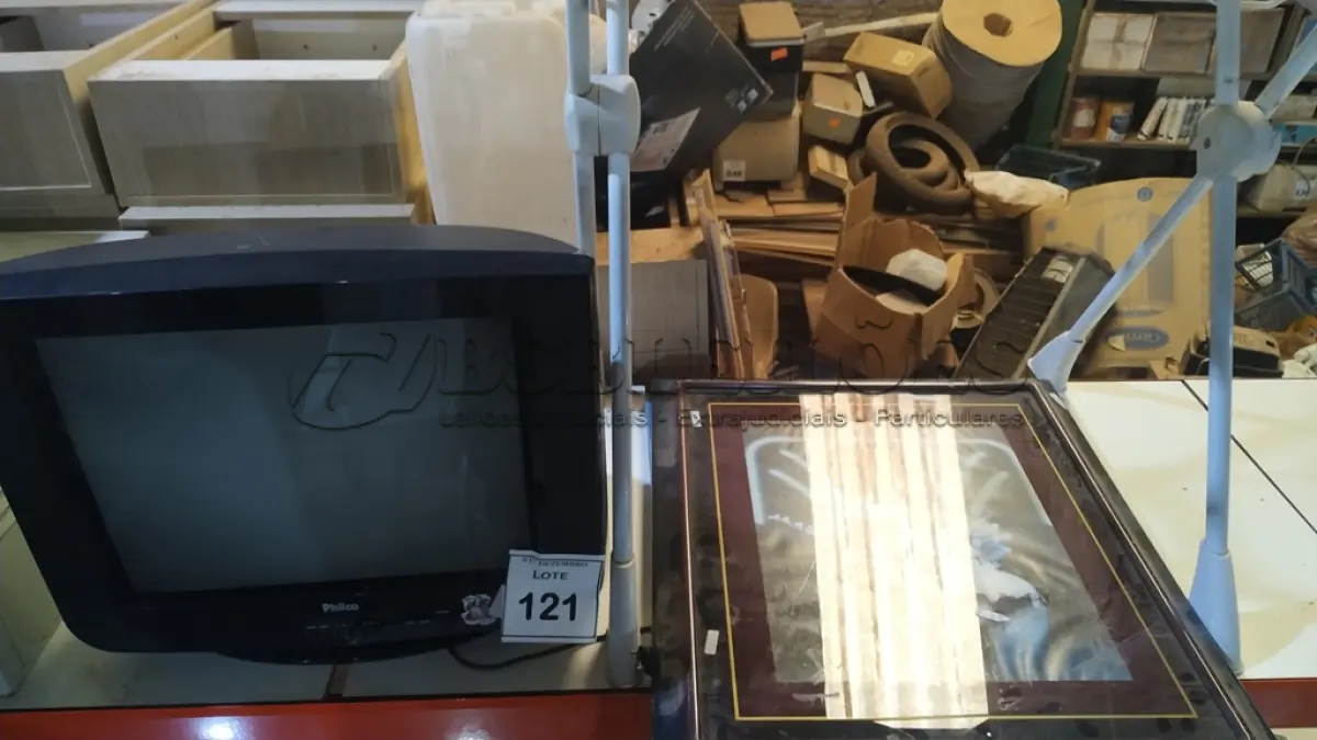 LOTE 121 - 01 TV DE TUBO MARCA PHILCO, 01 BANHEIRA DE CRIANÇA E 02 QUADROS. (NO ESTADO) ATENÇÃO! FAZER A VISITAÇÃO ANTES DE ARREMATAR, NÃO SABEMOS SE FUNCIONA, LEILÃO NÃO TEM GARANTIA E NEM DEVOLUÇÃO, SUJEITO A POSSÍVEIS AVARIAS VISÍVEIS/OCULTAS E/OU AUSÊNCIA DE COMPONENTES.