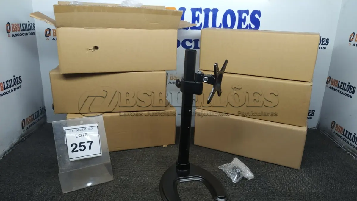 LOTE 257 - 01 CAIXA COM 06 SUPORTES PARA MONITORES MARCA DATEN. (NO ESTADO) ATENÇÃO! FAZER A VISITAÇÃO ANTES DE ARREMATAR, NÃO SABEMOS SE FUNCIONA, LEILÃO NÃO TEM GARANTIA E NEM DEVOLUÇÃO, SUJEITO A POSSÍVEIS AVARIAS VISÍVEIS/OCULTAS E/OU AUSÊNCIA DE COMPONENTES.