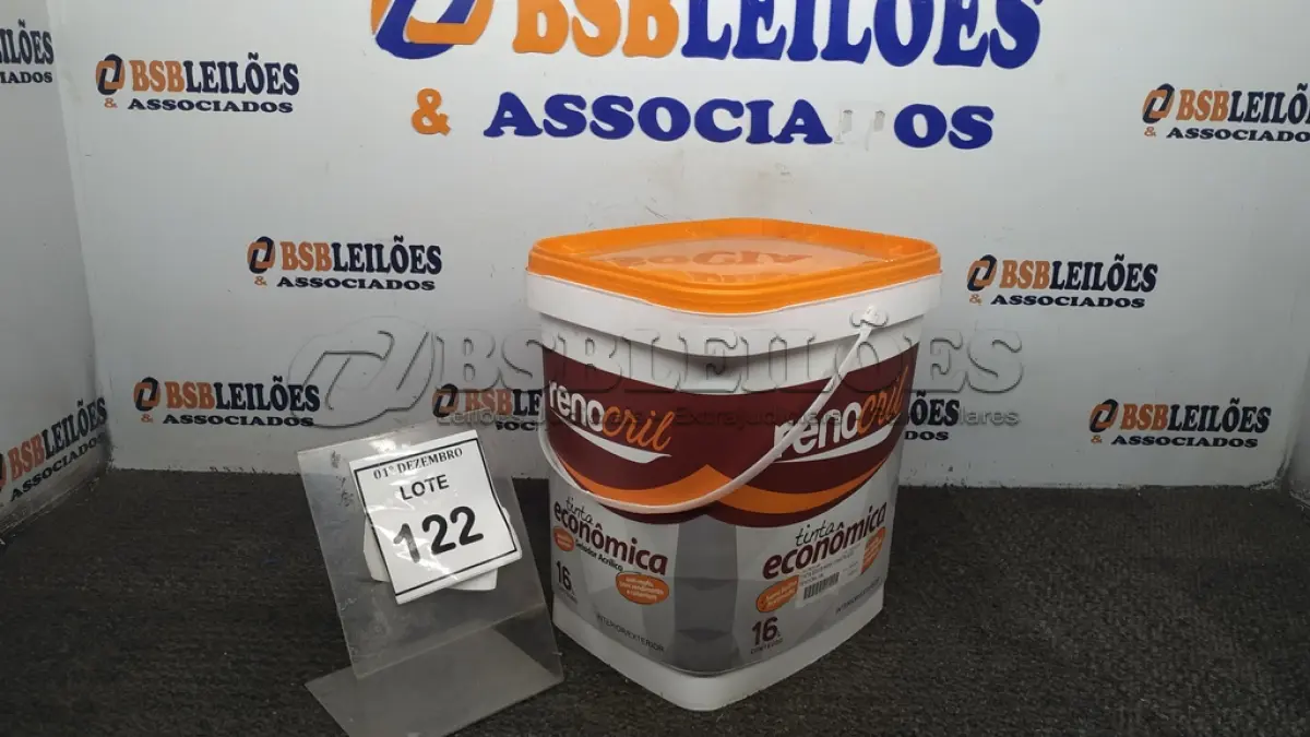 LOTE 122 - 01 LATA DE TINTA ECONÔMICA DE 16L NA COR BRANCO NEVE MARCA RENOCRIL. (NO ESTADO) ATENÇÃO! FAZER A VISITAÇÃO ANTES DE ARREMATAR, NÃO SABEMOS SE FUNCIONA, LEILÃO NÃO TEM GARANTIA E NEM DEVOLUÇÃO, SUJEITO A POSSÍVEIS AVARIAS VISÍVEIS/OCULTAS E/OU AUSÊNCIA DE COMPONENTES.
