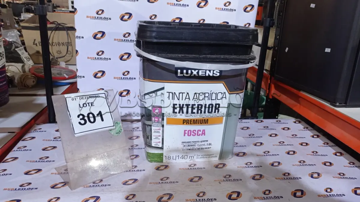 LOTE 301 - 01 BALDE DE TINTA ACRÍLICA EXTERIOR PREMIUM DE 18L ORGAND FOSCO MARCA LUXENS. (NO ESTADO) ATENÇÃO! FAZER A VISITAÇÃO ANTES DE ARREMATAR, NÃO SABEMOS SE FUNCIONA, LEILÃO NÃO TEM GARANTIA E NEM DEVOLUÇÃO, SUJEITO A POSSÍVEIS AVARIAS VISÍVEIS/OCULTAS E/OU AUSÊNCIA DE COMPONENTES.
