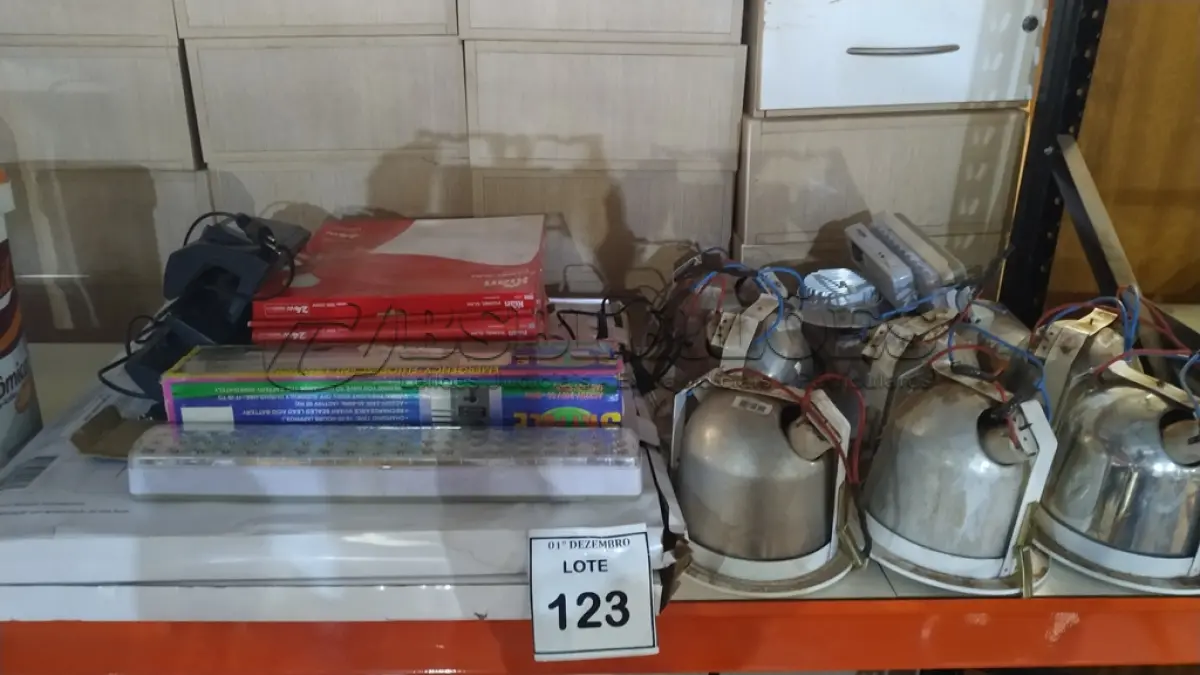 LOTE 123 - 01 LOTE COM VÁRIAS LUMINÁRIAS DE MARCA E MODELOS DIVERSOS. (NO ESTADO) ATENÇÃO! FAZER A VISITAÇÃO ANTES DE ARREMATAR, NÃO SABEMOS SE FUNCIONA, LEILÃO NÃO TEM GARANTIA E NEM DEVOLUÇÃO, SUJEITO A POSSÍVEIS AVARIAS VISÍVEIS/OCULTAS E/OU AUSÊNCIA DE COMPONENTES.