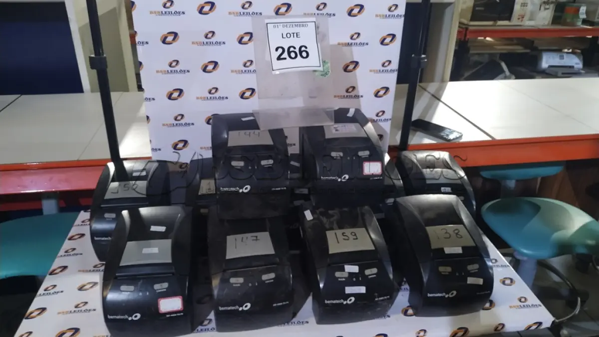 LOTE 266 - 11 IMPRESSORAS DE CUPOM PARA RETIRADA DE PEÇAS MARCA BEMATECH. (NO ESTADO) ATENÇÃO! FAZER A VISITAÇÃO ANTES DE ARREMATAR, NÃO SABEMOS SE FUNCIONA, LEILÃO NÃO TEM GARANTIA E NEM DEVOLUÇÃO, SUJEITO A POSSÍVEIS AVARIAS VISÍVEIS/OCULTAS E/OU AUSÊNCIA DE COMPONENTES.