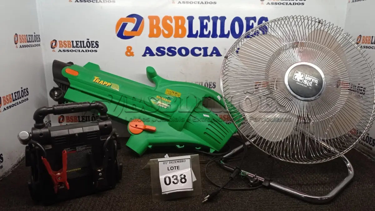 LOTE 038 - 01 VENTILADOR, 01 SOPRADOR ELÉTRICO MODELO 3000W MARCA TRAPP (INCOMPLETO) E 01 AUXILAR DE PARTIDA MARCA POWER IN MOTION DE 300 AMP. (NO ESTADO) ATENÇÃO! FAZER A VISITAÇÃO ANTES DE ARREMATAR, NÃO SABEMOS SE FUNCIONA, LEILÃO NÃO TEM GARANTIA E NEM DEVOLUÇÃO, SUJEITO A POSSÍVEIS AVARIAS VISÍVEIS/OCULTAS E/OU AUSÊNCIA DE COMPONENTES.