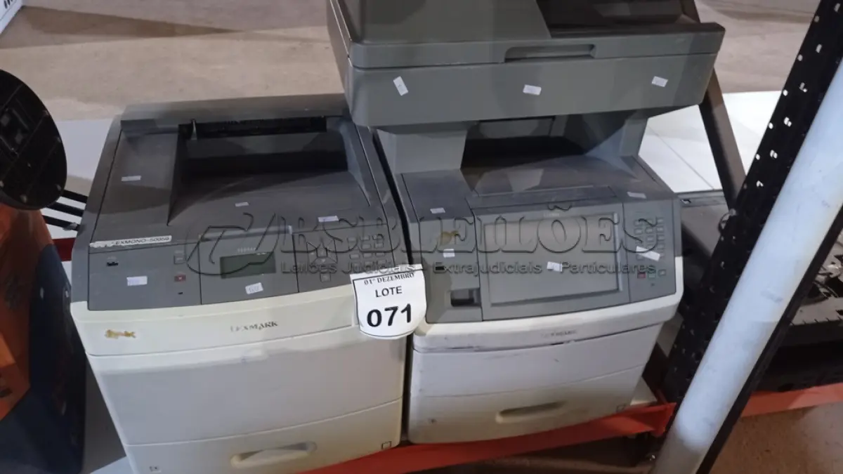 LOTE 071 - 02 IMPRESSORAS MARCA LEXMARK. (NO ESTADO) ATENÇÃO! FAZER A VISITAÇÃO ANTES DE ARREMATAR, NÃO SABEMOS SE FUNCIONA, LEILÃO NÃO TEM GARANTIA E NEM DEVOLUÇÃO, SUJEITO A POSSÍVEIS AVARIAS VISÍVEIS/OCULTAS E/OU AUSÊNCIA DE COMPONENTES.