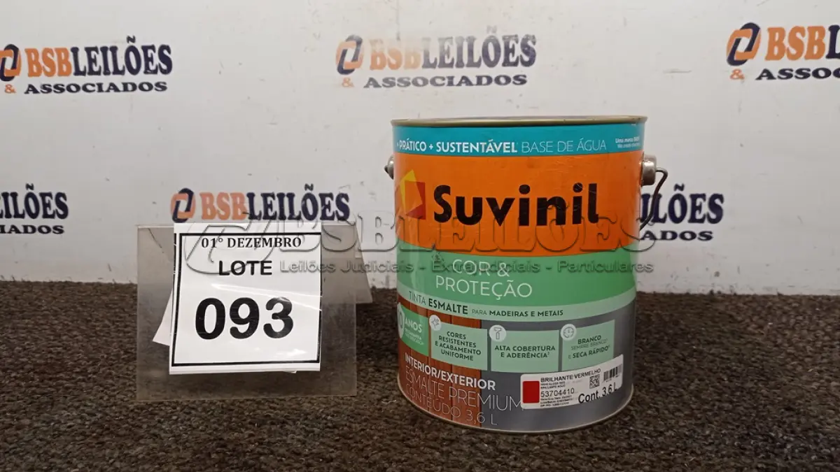 LOTE 093 - 01 LATA DE TINTA ESMALTE DE 3,6L NA COR BRILHANTE VERMELHO MARCA SUVINIL. (NO ESTADO) ATENÇÃO! FAZER A VISITAÇÃO ANTES DE ARREMATAR, NÃO SABEMOS SE FUNCIONA, LEILÃO NÃO TEM GARANTIA E NEM DEVOLUÇÃO, SUJEITO A POSSÍVEIS AVARIAS VISÍVEIS/OCULTAS E/OU AUSÊNCIA DE COMPONENTES.