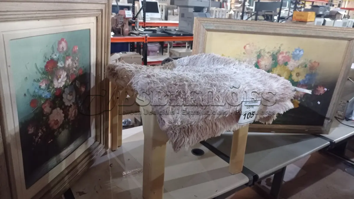 LOTE 105 - 01 TAPETE, 02 QUADROS E 01 MESA DE CENTRO SEM TAMPO. (NO ESTADO) ATENÇÃO! FAZER A VISITAÇÃO ANTES DE ARREMATAR, NÃO SABEMOS SE FUNCIONA, LEILÃO NÃO TEM GARANTIA E NEM DEVOLUÇÃO, SUJEITO A POSSÍVEIS AVARIAS VISÍVEIS/OCULTAS E/OU AUSÊNCIA DE COMPONENTES.