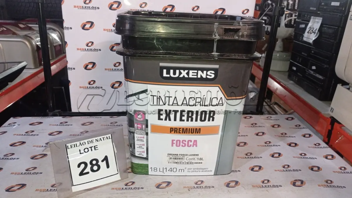 LOTE 281 - 01 BALDE DE TINTA ACRÍLICA EXTERIOR PREMIUM 18L NA COR ORGAND FOSCO MARCA LUXENS. (NO ESTADO) ATENÇÃO! FAZER A VISITAÇÃO ANTES DE ARREMATAR, NÃO SABEMOS SE FUNCIONA, LEILÃO NÃO TEM GARANTIA E NEM DEVOLUÇÃO, SUJEITO A POSSÍVEIS AVARIAS VISÍVEIS/OCULTAS E/OU AUSÊNCIA DE COMPONENTES.