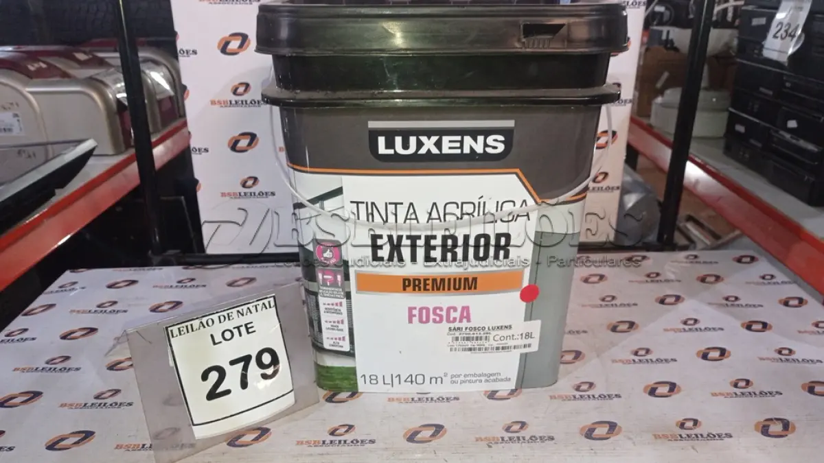 LOTE 279 - 01 BALDE DE TINTA ACRÍLICA EXTERIOR PREMIUM 18L NA COR SARI FOSCO MARCA LUXENS. (NO ESTADO) ATENÇÃO! FAZER A VISITAÇÃO ANTES DE ARREMATAR, NÃO SABEMOS SE FUNCIONA, LEILÃO NÃO TEM GARANTIA E NEM DEVOLUÇÃO, SUJEITO A POSSÍVEIS AVARIAS VISÍVEIS/OCULTAS E/OU AUSÊNCIA DE COMPONENTES.
