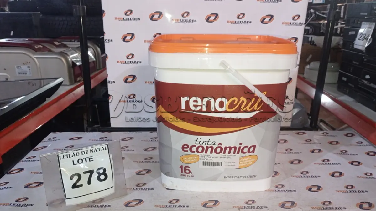 LOTE 278 - 01 BALDE DE TINTA ECONÔMICA DE 16L NA COR BRANCO NEVE MARCA RENOCRIL. (NO ESTADO) ATENÇÃO! FAZER A VISITAÇÃO ANTES DE ARREMATAR, NÃO SABEMOS SE FUNCIONA, LEILÃO NÃO TEM GARANTIA E NEM DEVOLUÇÃO, SUJEITO A POSSÍVEIS AVARIAS VISÍVEIS/OCULTAS E/OU AUSÊNCIA DE COMPONENTES.