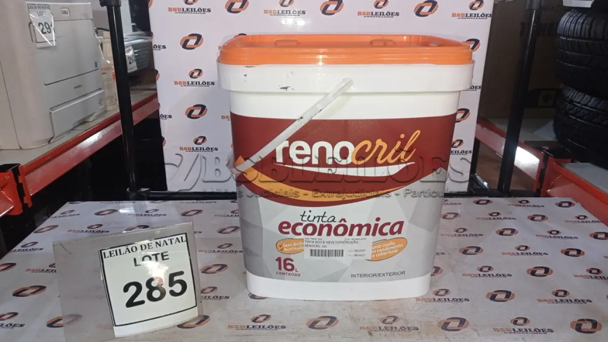 LOTE 285 - 01 BALDE DE TINTA ECONÔMICA DE 16L NA COR BRANCO NEVE MARCA RENOCRIL. (NO ESTADO) ATENÇÃO! FAZER A VISITAÇÃO ANTES DE ARREMATAR, NÃO SABEMOS SE FUNCIONA, LEILÃO NÃO TEM GARANTIA E NEM DEVOLUÇÃO, SUJEITO A POSSÍVEIS AVARIAS VISÍVEIS/OCULTAS E/OU AUSÊNCIA DE COMPONENTES.