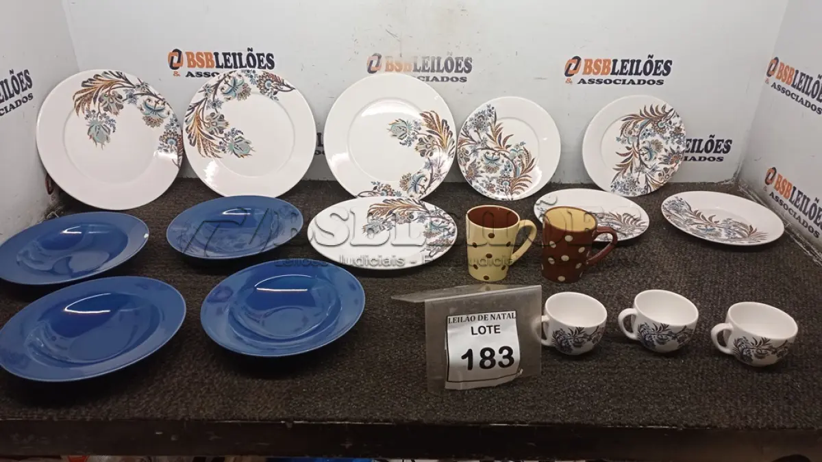 LOTE 183 - 12 PRATOS, 02 CANECAS E 02 XÍCARAS. (NO ESTADO) ATENÇÃO! FAZER A VISITAÇÃO ANTES DE ARREMATAR, NÃO SABEMOS SE FUNCIONA, LEILÃO NÃO TEM GARANTIA E NEM DEVOLUÇÃO, SUJEITO A POSSÍVEIS AVARIAS VISÍVEIS/OCULTAS E/OU AUSÊNCIA DE COMPONENTES.
