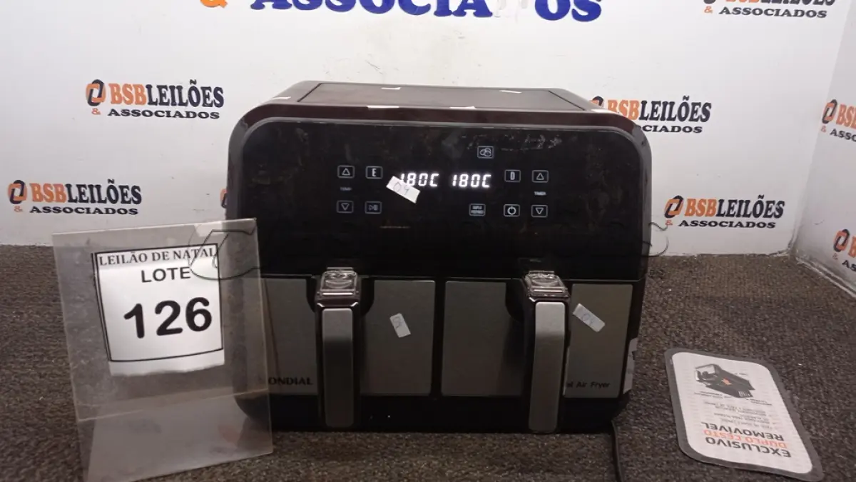 LOTE 126 - 01 AIR FRYER COM 02 FRITADEIRAS 8L MARCA MONDIAL. (NO ESTADO) ATENÇÃO! FAZER A VISITAÇÃO ANTES DE ARREMATAR, NÃO SABEMOS SE FUNCIONA, LEILÃO NÃO TEM GARANTIA E NEM DEVOLUÇÃO, SUJEITO A POSSÍVEIS AVARIAS VISÍVEIS/OCULTAS E/OU AUSÊNCIA DE COMPONENTES.