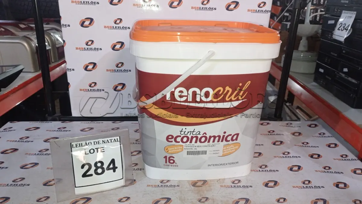 LOTE 284 - 01 BALDE DE TINTA ECONÔMICA DE 16L NA COR BRANCO NEVE MARCA RENOCRIL. (NO ESTADO) ATENÇÃO! FAZER A VISITAÇÃO ANTES DE ARREMATAR, NÃO SABEMOS SE FUNCIONA, LEILÃO NÃO TEM GARANTIA E NEM DEVOLUÇÃO, SUJEITO A POSSÍVEIS AVARIAS VISÍVEIS/OCULTAS E/OU AUSÊNCIA DE COMPONENTES.