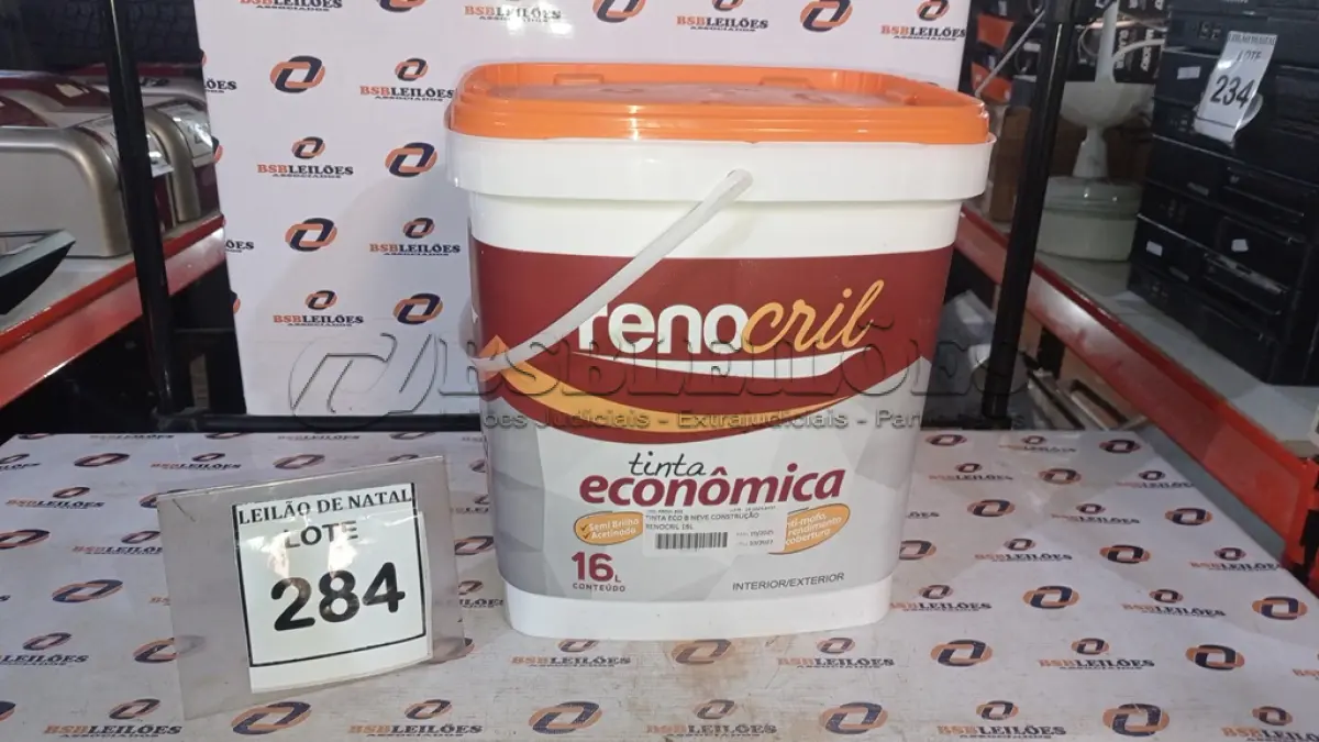 LOTE 284 - 01 BALDE DE TINTA ECONÔMICA DE 16L NA COR BRANCO NEVE MARCA RENOCRIL. (NO ESTADO) ATENÇÃO! FAZER A VISITAÇÃO ANTES DE ARREMATAR, NÃO SABEMOS SE FUNCIONA, LEILÃO NÃO TEM GARANTIA E NEM DEVOLUÇÃO, SUJEITO A POSSÍVEIS AVARIAS VISÍVEIS/OCULTAS E/OU AUSÊNCIA DE COMPONENTES.