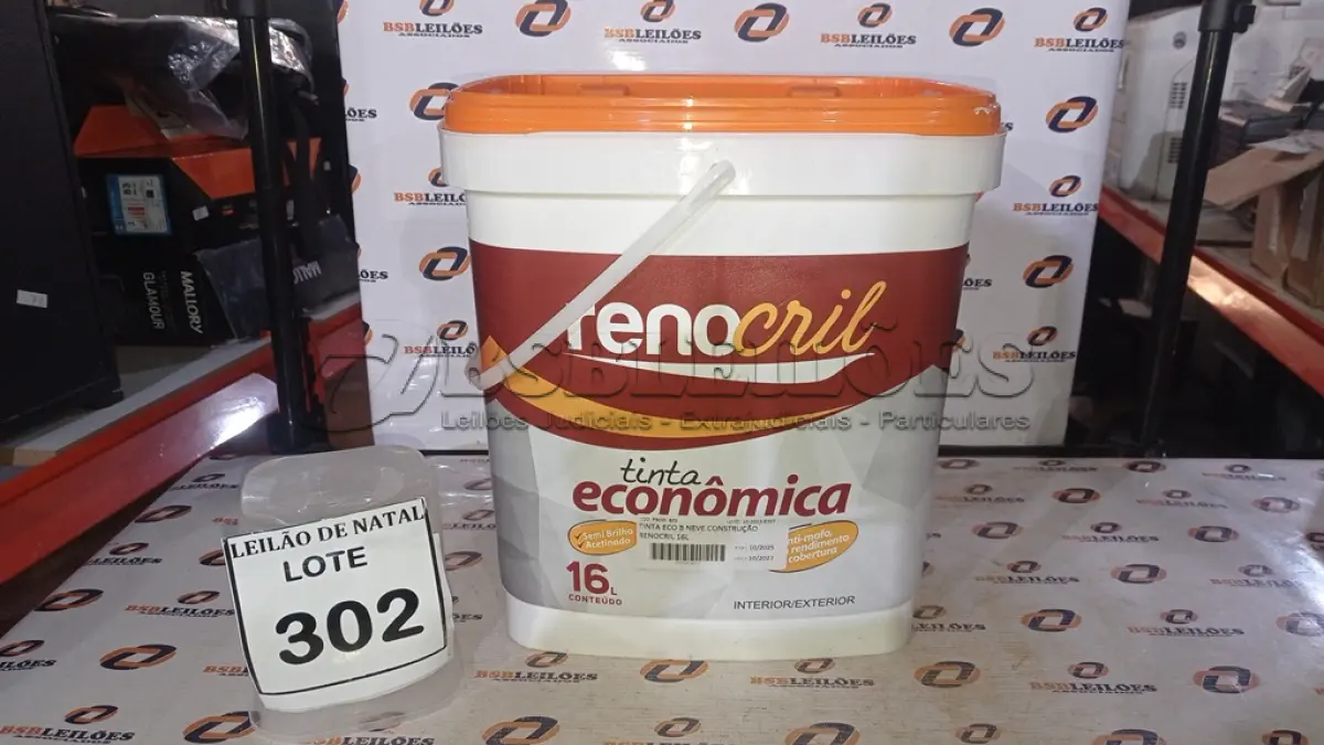 LOTE 302 - 01 BALDE DE TINTA ECONÔMICA DE 16L NA COR BRANCO NEVE MARCA RENOCRIL. (NO ESTADO) ATENÇÃO! FAZER A VISITAÇÃO ANTES DE ARREMATAR, NÃO SABEMOS SE FUNCIONA, LEILÃO NÃO TEM GARANTIA E NEM DEVOLUÇÃO, SUJEITO A POSSÍVEIS AVARIAS VISÍVEIS/OCULTAS E/OU AUSÊNCIA DE COMPONENTES.