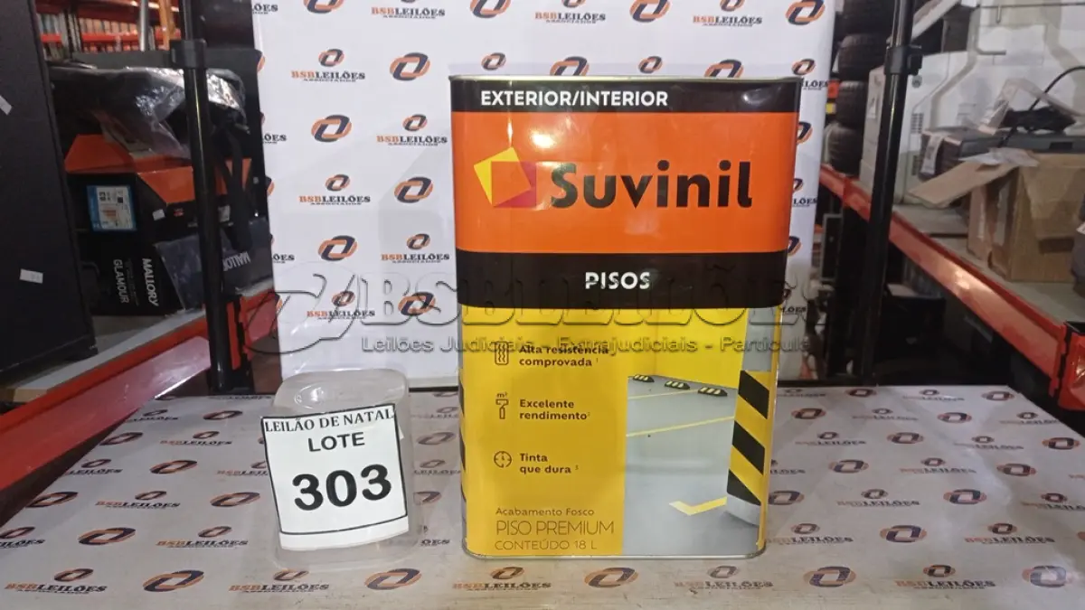 LOTE 303 - 01 LATA DE TINTA PARA PISOS EXTERIOR E INTERIOR COM 18L NA COR FOSCO CINZA ESCURO MARCA SUVINIL. (NO ESTADO) ATENÇÃO! FAZER A VISITAÇÃO ANTES DE ARREMATAR, NÃO SABEMOS SE FUNCIONA, LEILÃO NÃO TEM GARANTIA E NEM DEVOLUÇÃO, SUJEITO A POSSÍVEIS AVARIAS VISÍVEIS/OCULTAS E/OU AUSÊNCIA DE COMPONENTES.