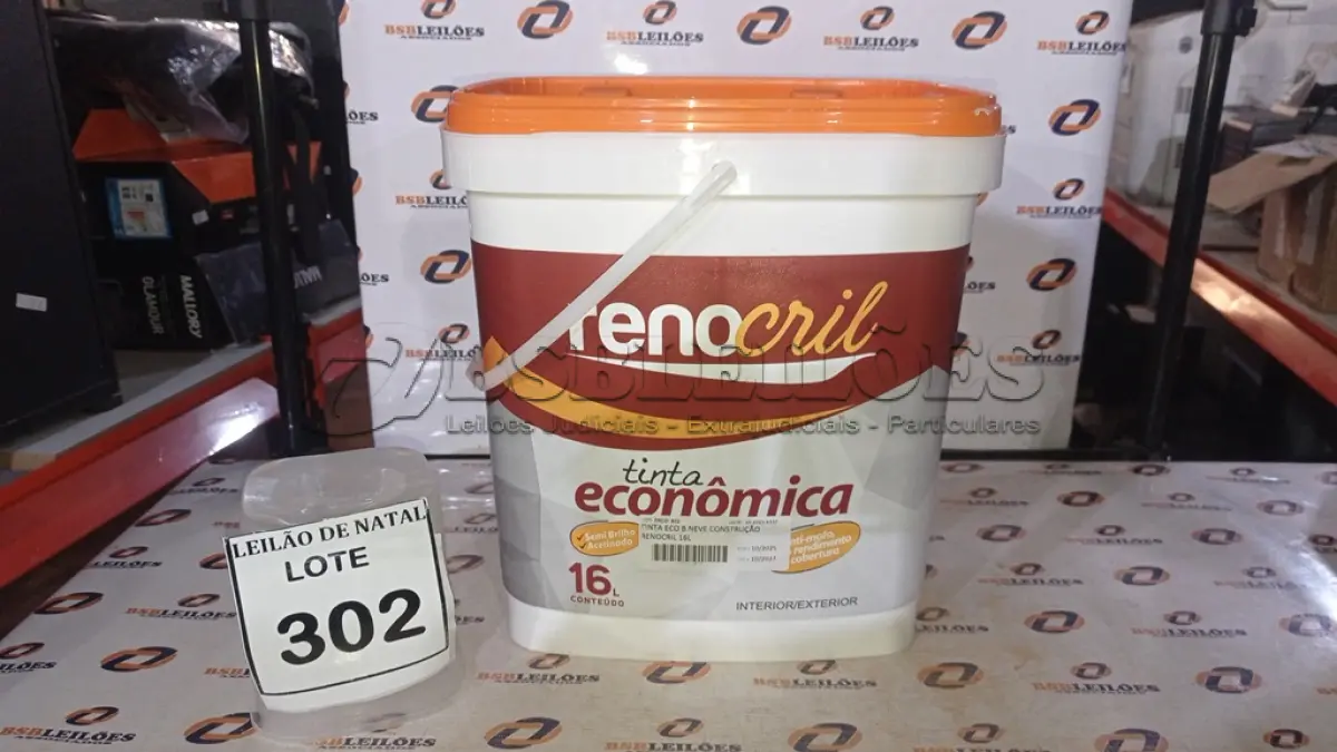 LOTE 302 - 01 BALDE DE TINTA ECONÔMICA DE 16L NA COR BRANCO NEVE MARCA RENOCRIL. (NO ESTADO) ATENÇÃO! FAZER A VISITAÇÃO ANTES DE ARREMATAR, NÃO SABEMOS SE FUNCIONA, LEILÃO NÃO TEM GARANTIA E NEM DEVOLUÇÃO, SUJEITO A POSSÍVEIS AVARIAS VISÍVEIS/OCULTAS E/OU AUSÊNCIA DE COMPONENTES.
