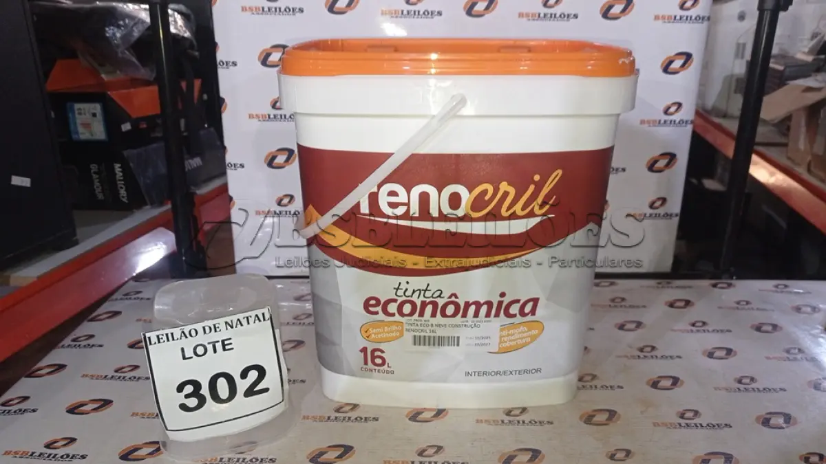 LOTE 302 - 01 BALDE DE TINTA ECONÔMICA DE 16L NA COR BRANCO NEVE MARCA RENOCRIL. (NO ESTADO) ATENÇÃO! FAZER A VISITAÇÃO ANTES DE ARREMATAR, NÃO SABEMOS SE FUNCIONA, LEILÃO NÃO TEM GARANTIA E NEM DEVOLUÇÃO, SUJEITO A POSSÍVEIS AVARIAS VISÍVEIS/OCULTAS E/OU AUSÊNCIA DE COMPONENTES.