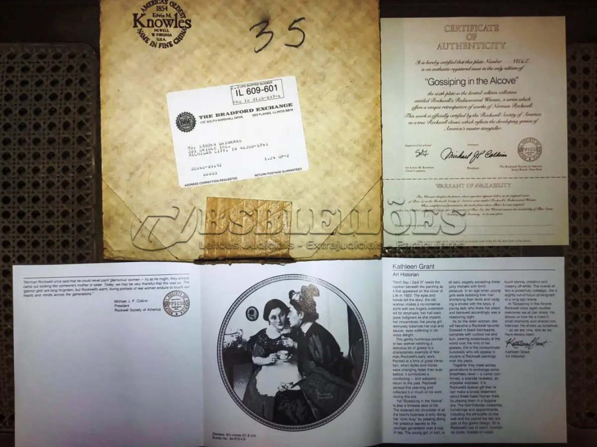 LOTE 301 - 01 PRATO DE NORMAN ROCKWELL REDISCOVERED WOMEN GOSSIPING IN THE ALCOVE,PLACA DE COLECIONADOR COA EDIÇÃO LIMITADA SEXTA EDIÇÃO DA COLEÇÃO ROCKWELL'S REDISCOVERED WOMEN, PRODUZIDA PELA KNOWLES COLLECTIBLES SOCIETY OF AMERICA. ACABAMENTO EM OURO 22 QUILATES; FEITO NOS EUA EM 1983.TÍTULO: GOSSIPING IN THE ALCOVE. " EM PORTUGUES  FOFOCANDO NA ALCOVA" O PRATO COM 21,5 DE DIÂMETRO. CAIXA COM CERTIFICADO DE AUTENTICIDADE E DOCUMENTAÇÃO ORIGINAL. DA EDIÇÃO DE UMA SÉRIE CHAMADA MULHERES REDESCOBERTAS, Nº9956J, PRATO DE COLECIONADOR AUTÊNTICO DO LENDÁRIO ARTISTA NORMAN ROCKWELL, FABRICADO EM UM PERÍODO DE QUEIMA ESTRITAMENTE LIMITADO A 150 DIAS. LANÇADO SOB A MARCA REGISTRADA DA EDWIN M. KNOWLES FINE CHINA COMPANY.PEÇA COMPRADA EM GARAGEM DE ANTIGUIDADES NOS EUA. SUPORTE PARA PRATO NÃO INCLUÍDO NESTA VENDA. (NO ESTADO) ATENÇÃO! FAZER A VISITAÇÃO ANTES DE ARREMATAR, NÃO SABEMOS SE FUNCIONA, LEILÃO NÃO TEM GARANTIA E NEM DEVOLUÇÃO, SUJEITO A POSSÍVEIS AVARIAS VISÍVEIS/OCULTAS E/OU AUSÊNCIA DE COMPONENTES.