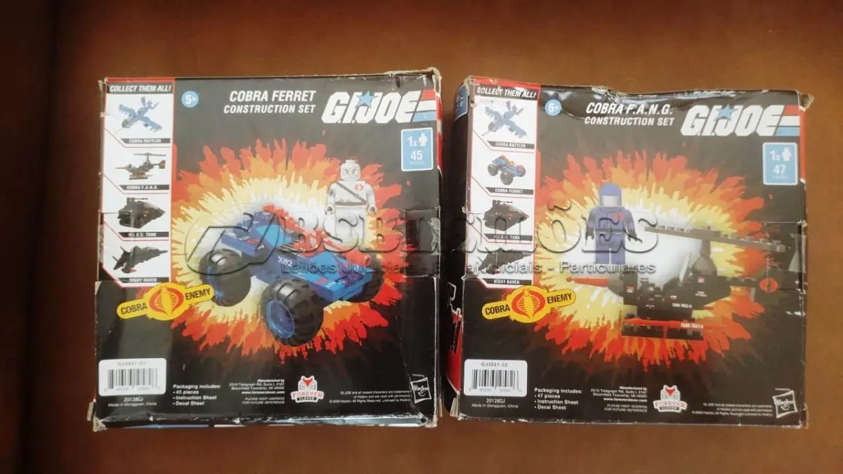 LOTE 134 - 01 LOTE COM DOIS GI JOE COBRA COBRA FANG COM 47 PEÇAS DA HASBRO. GIJOE CONSTRUCTION SET - COBRA FERRET NOVOS NA CAIXA SEM USO, ITEM COMPRADO EM GAREGEM DE ANTIGUIDADES NOS EUA. ITEM DE COLEÇÃO. (NO ESTADO) ATENÇÃO! FAZER A VISITAÇÃO ANTES DE ARREMATAR, NÃO SABEMOS SE FUNCIONA, LEILÃO NÃO TEM GARANTIA E NEM DEVOLUÇÃO, SUJEITO A POSSÍVEIS AVARIAS VISÍVEIS/OCULTAS E/OU AUSÊNCIA DE COMPONENTES.
