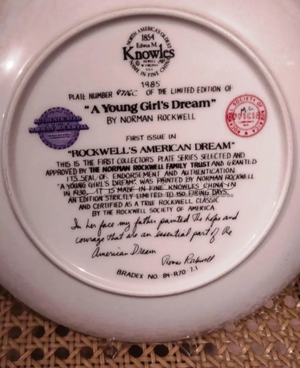 LOTE 292 - 01 PRATO DE PORCELANA COLECIONÁVEL. ASSINATURA KNOWLES 1985 NOME EM PORCELANA FINA DA EDIÇÃO LIMITADA "ROCKWELL'S AMERICAN DREAM" DE 1985. A PLACA TEM SEU PRÓPRIO NÚMERO INDIVIDUAL NA SÉRIE 4716C  E UM NÚMERO NA LISTA INTERNACIONAL DE PLACAS DE COLECIONADOR BRADEX N.º 84 - R70 - 7. 1 COM DECORAÇÃO DE NORMAN ROCKWELL. TEMA  'O SONHO DE UMA JOVEM'. O PRIMEIRO DA SÉRIE AUTORIZADO PELA FAMÍLIA DO AUTOR.PORCELANA FORTE, NOBRE E RESSONANTE. FORMATO LEVEMENTE SEMI PROFUNDO, DECORAÇÃO PICTÓRICA CHARMOSA COM ACABAMENTO ACETINADO. CORES INTERESSANTES BORDA DOURADA. ASSINATURA DO AUTOR NO ANVERSO E NO REVERSO. PARA DECORAÇÃO, COM 21 CM DE DIAMETRO COM CAIXA CERTIFICADO DE AUTENTICIDADE E FOLHETOS ORIGINAIS. (NO ESTADO) ATENÇÃO! FAZER A VISITAÇÃO ANTES DE ARREMATAR, NÃO SABEMOS SE FUNCIONA, LEILÃO NÃO TEM GARANTIA E NEM DEVOLUÇÃO, SUJEITO A POSSÍVEIS AVARIAS VISÍVEIS/OCULTAS E/OU AUSÊNCIA DE COMPONENTES.