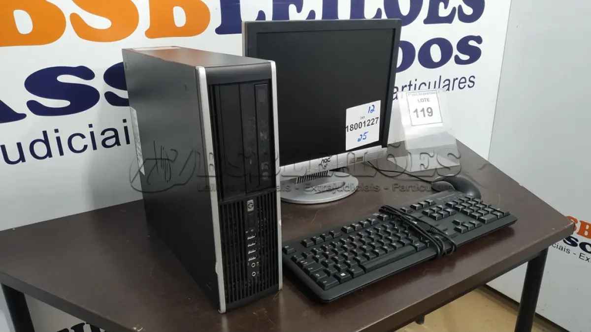 LOTE 119 - 01 CPU MARCA HP, 01 MONITOR MARCA AOC, 01 TECLADO MARCA HP E 01 MOUSE.  (NO ESTADO) ATENÇÃO! FAZER A VISITAÇÃO ANTES DE ARREMATAR, NÃO SABEMOS SE FUNCIONA. LEILÃO NÃO TEM GARANTIA E NEM DEVOLUÇÃO, SUJEITO A POSSÍVEIS AVARIAS VISÍVEIS/OCULTAS E/OU AUSÊNCIA DE COMPONENTES.
