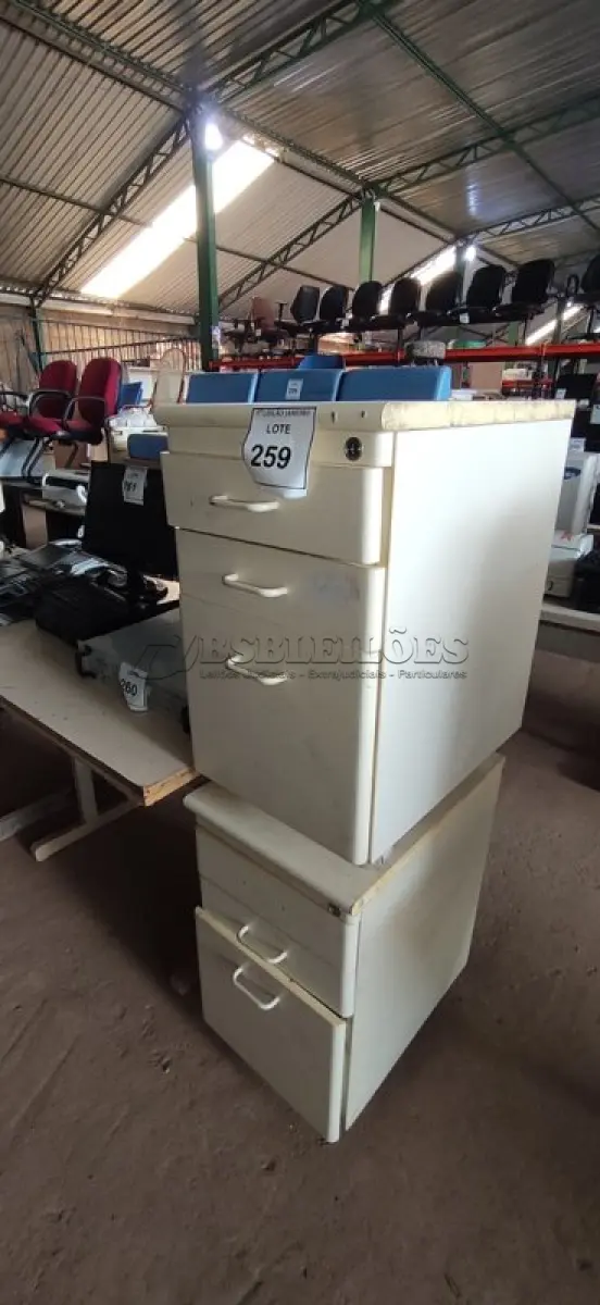 LOTE 259 - 02 GAVETEIROS EM MADEIRA COM 03 GAVETAS CADA.  (NO ESTADO) ATENÇÃO! FAZER A VISITAÇÃO ANTES DE ARREMATAR, NÃO SABEMOS SE FUNCIONA. LEILÃO NÃO TEM GARANTIA E NEM DEVOLUÇÃO, SUJEITO A POSSÍVEIS AVARIAS VISÍVEIS/OCULTAS E/OU AUSÊNCIA DE COMPONENTES.