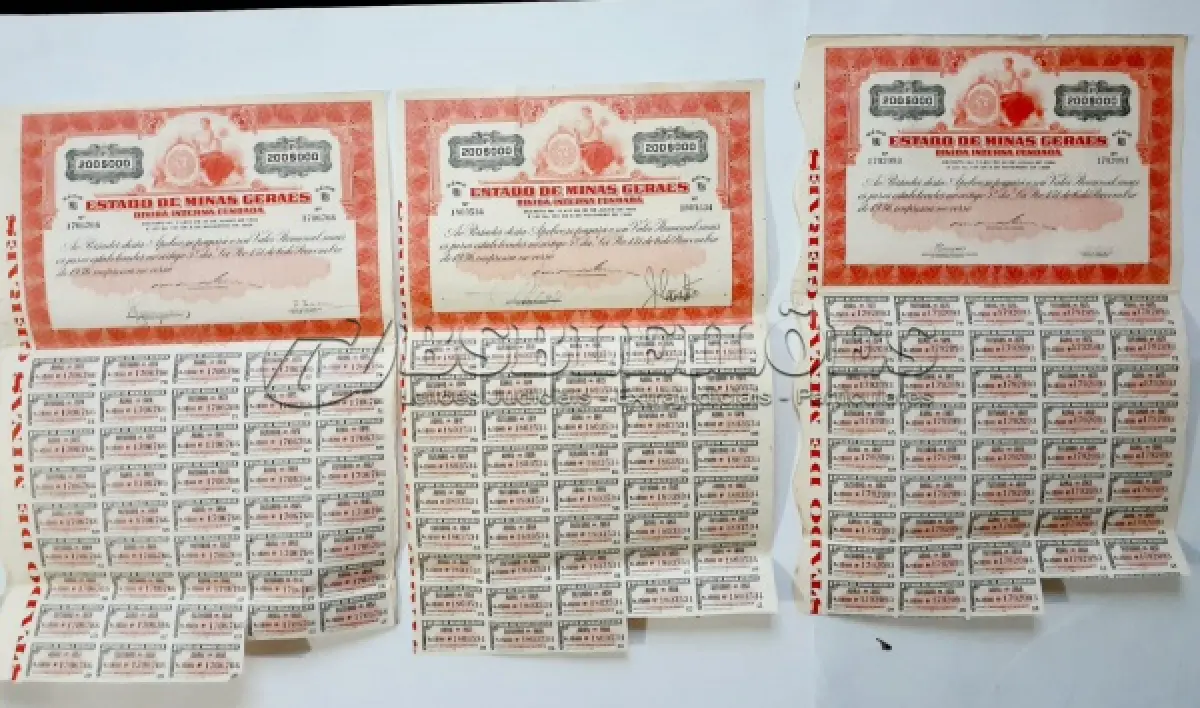 LOTE 479 - 03 APÓLICES DO ESTADO DE MINAS GERAIS ,03 APOLICES DO ESTADO DE MINAS GERAIS DIVIDAINTERNA FUNDADA. (NO ESTADO) ATENÇÃO! FAZER A VISITAÇÃO ANTES DE ARREMATAR, NÃO SABEMOS SE FUNCIONA, LEILÃO NÃO TEM GARANTIA E NEM DEVOLUÇÃO, SUJEITO A POSSÍVEIS AVARIAS VISÍVEIS/OCULTAS E/OU AUSÊNCIA DE COMPONENTES.
