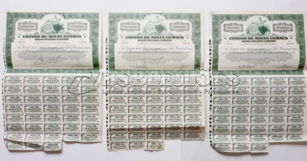 LOTE 479 - 03 APÓLICES DO ESTADO DE MINAS GERAIS ,03 APOLICES DO ESTADO DE MINAS GERAIS DIVIDAINTERNA FUNDADA. (NO ESTADO) ATENÇÃO! FAZER A VISITAÇÃO ANTES DE ARREMATAR, NÃO SABEMOS SE FUNCIONA, LEILÃO NÃO TEM GARANTIA E NEM DEVOLUÇÃO, SUJEITO A POSSÍVEIS AVARIAS VISÍVEIS/OCULTAS E/OU AUSÊNCIA DE COMPONENTES.