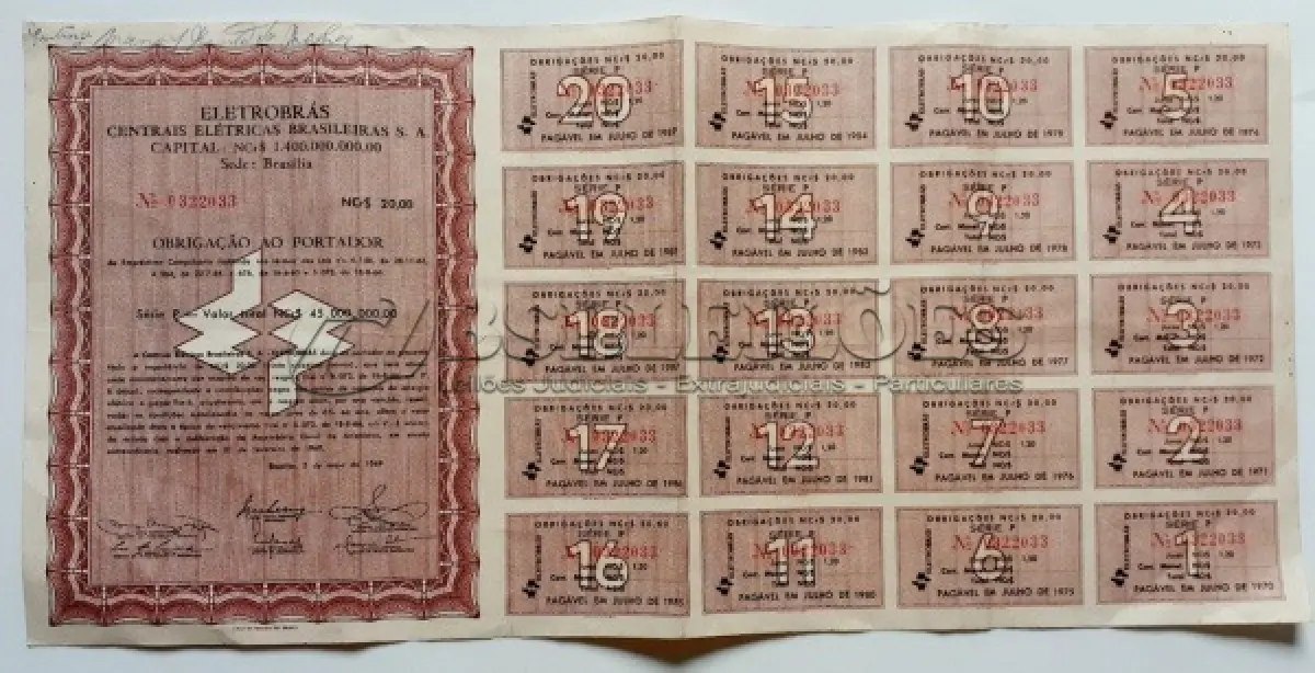 LOTE 478 - 01LOTE COM UMA PETROBRÁS - TÍTULO DE AÇÕES, ELETROBRÁS OBRIGAÇÕES AO PORTADOR, 3 FOLHAS LOTE DE APOLICE DO ESTADO DE MINAS GERAIS. (NO ESTADO) ATENÇÃO! FAZER A VISITAÇÃO ANTES DE ARREMATAR, NÃO SABEMOS SE FUNCIONA, LEILÃO NÃO TEM GARANTIA E NEM DEVOLUÇÃO, SUJEITO A POSSÍVEIS AVARIAS VISÍVEIS/OCULTAS E/OU AUSÊNCIA DE COMPONENTES.