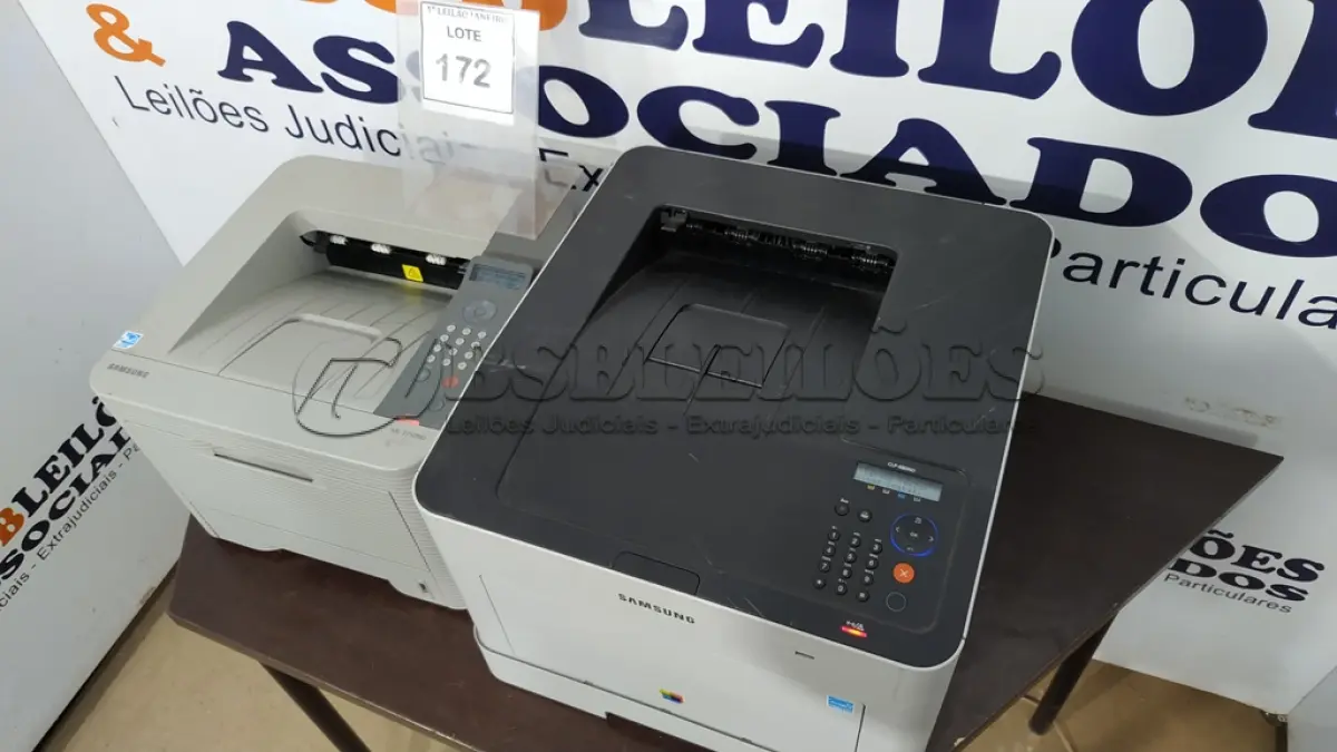 LOTE 172 - 02 IMPRESSORAS MARCA SAMSUNG.  (NO ESTADO) ATENÇÃO! FAZER A VISITAÇÃO ANTES DE ARREMATAR, NÃO SABEMOS SE FUNCIONA. LEILÃO NÃO TEM GARANTIA E NEM DEVOLUÇÃO, SUJEITO A POSSÍVEIS AVARIAS VISÍVEIS/OCULTAS E/OU AUSÊNCIA DE COMPONENTES.