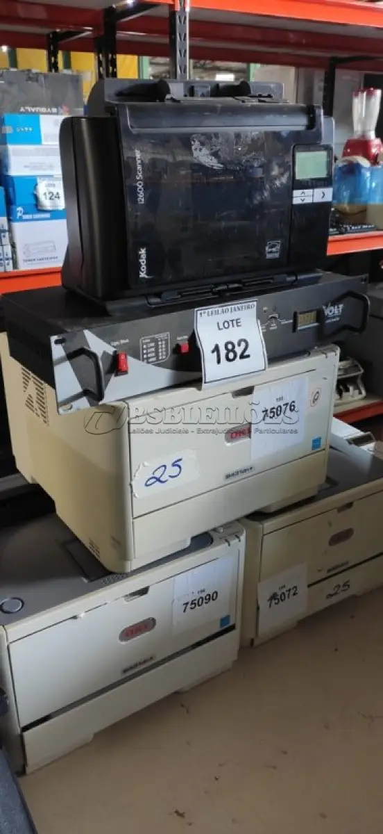 LOTE 182 - 01 SCANNER MODELO I2600 MARCA KODAK, 03 IMPRESSORAS MARCA OKI, 01 MINI RACK DE FERRO COM PORTA DE VIDRO E 01 FONTE NOBREAK.  (NO ESTADO) ATENÇÃO! FAZER A VISITAÇÃO ANTES DE ARREMATAR, NÃO SABEMOS SE FUNCIONA. LEILÃO NÃO TEM GARANTIA E NEM DEVOLUÇÃO, SUJEITO A POSSÍVEIS AVARIAS VISÍVEIS/OCULTAS E/OU AUSÊNCIA DE COMPONENTES.