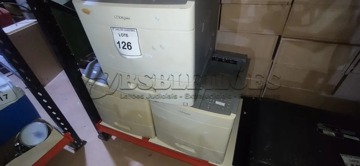 LOTE 126 - 03 IMPRESSORAS MARCA LEXMARK MODELOS DIVERSOS. (NO ESTADO) ATENÇÃO! FAZER A VISITAÇÃO ANTES DE ARREMATAR, NÃO SABEMOS SE FUNCIONA. LEILÃO NÃO TEM GARANTIA E NEM DEVOLUÇÃO, SUJEITO A POSSÍVEIS AVARIAS VISÍVEIS/OCULTAS E/OU AUSÊNCIA DE COMPONENTES.