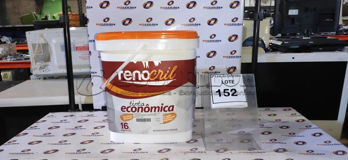 LOTE 152 - 01 BALDE DE TINTA ACRÍLICA 16L NA COR BRANCO NEVE SEMI BRILHO ACETINADO VALIDADE 10/27 MARCA RENOCRIL. (NO ESTADO) ATENÇÃO! FAZER A VISITAÇÃO ANTES DE ARREMATAR, NÃO SABEMOS SE FUNCIONA. LEILÃO NÃO TEM GARANTIA E NEM DEVOLUÇÃO, SUJEITO A POSSÍVEIS AVARIAS VISÍVEIS/OCULTAS E/OU AUSÊNCIA DE COMPONENTES.