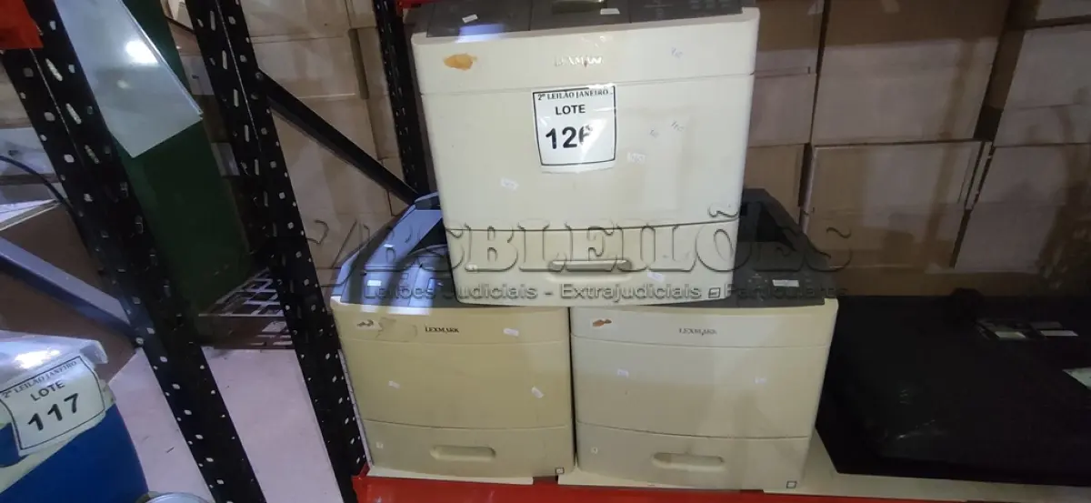 LOTE 126 - 03 IMPRESSORAS MARCA LEXMARK MODELOS DIVERSOS. (NO ESTADO) ATENÇÃO! FAZER A VISITAÇÃO ANTES DE ARREMATAR, NÃO SABEMOS SE FUNCIONA. LEILÃO NÃO TEM GARANTIA E NEM DEVOLUÇÃO, SUJEITO A POSSÍVEIS AVARIAS VISÍVEIS/OCULTAS E/OU AUSÊNCIA DE COMPONENTES.
