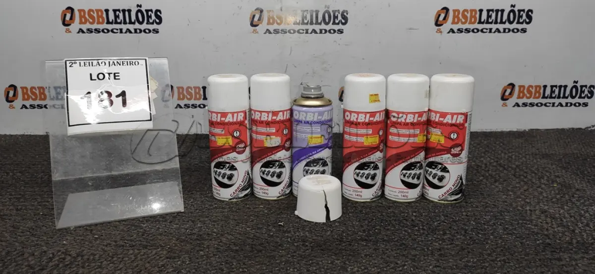 LOTE 181 - 06 LIMPADORES DE AR CONDICIONADO EM SPRAY 200ML MARCA ORBI-AIR. (NO ESTADO) ATENÇÃO! FAZER A VISITAÇÃO ANTES DE ARREMATAR, NÃO SABEMOS SE FUNCIONA. LEILÃO NÃO TEM GARANTIA E NEM DEVOLUÇÃO, SUJEITO A POSSÍVEIS AVARIAS VISÍVEIS/OCULTAS E/OU AUSÊNCIA DE COMPONENTES.