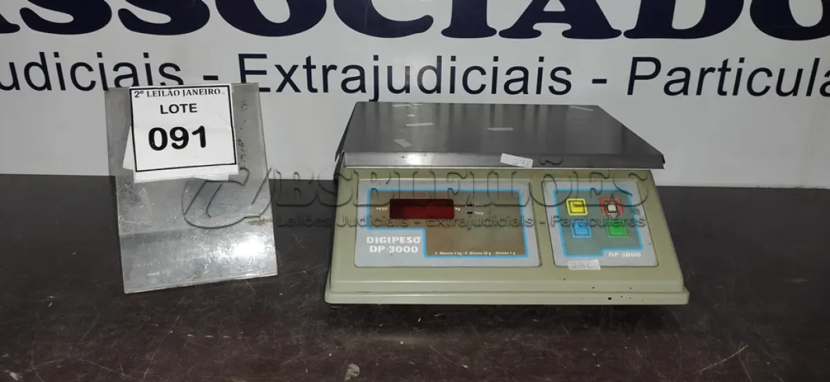 LOTE 091 - 01 BALANÇA DIGITAL MARCA DIGIPESO. (NO ESTADO) ATENÇÃO! FAZER A VISITAÇÃO ANTES DE ARREMATAR, NÃO SABEMOS SE FUNCIONA. LEILÃO NÃO TEM GARANTIA E NEM DEVOLUÇÃO, SUJEITO A POSSÍVEIS AVARIAS VISÍVEIS/OCULTAS E/OU AUSÊNCIA DE COMPONENTES.