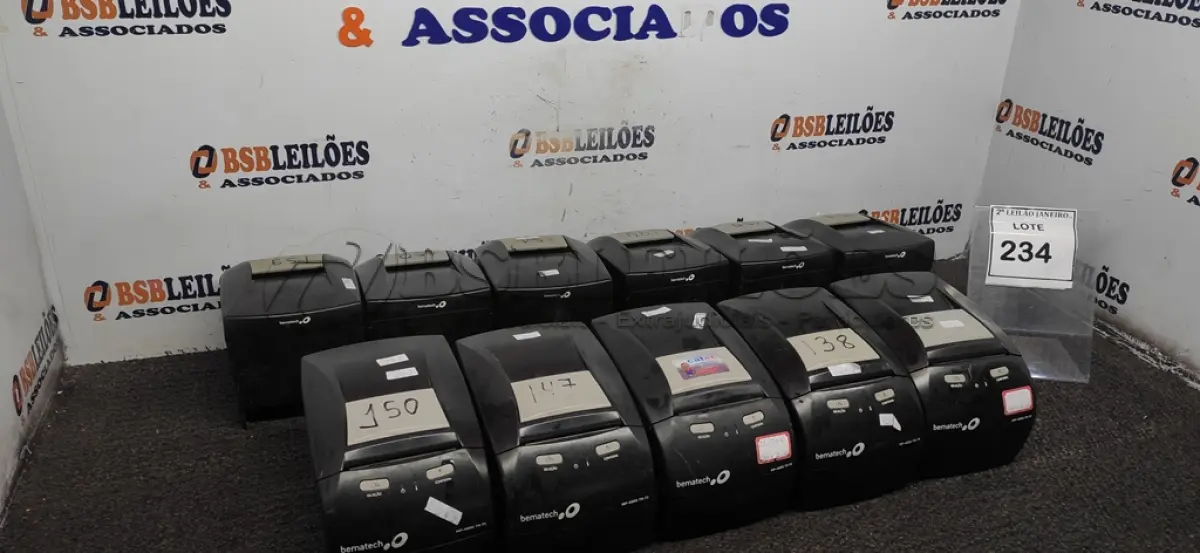 LOTE 234 - 11 IMPRESSORAS DE CUPOM PARA RETIRADA DE PEÇAS MARCA BEMATECH. (NO ESTADO) ATENÇÃO! FAZER A VISITAÇÃO ANTES DE ARREMATAR, NÃO SABEMOS SE FUNCIONA, LEILÃO NÃO TEM GARANTIA E NEM DEVOLUÇÃO, SUJEITO A POSSÍVEIS AVARIAS VISÍVEIS/OCULTAS E/OU AUSÊNCIA DE COMPONENTES.