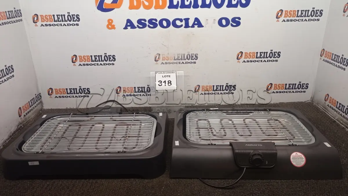 LOTE 318 - 02 CHURRASQUEIRAS ELÉTRICAS MARCA AGRATTO. (NO ESTADO) ATENÇÃO! FAZER A VISITAÇÃO ANTES DE ARREMATAR, NÃO SABEMOS SE FUNCIONA. LEILÃO NÃO TEM GARANTIA E NEM DEVOLUÇÃO, SUJEITO A POSSÍVEIS AVARIAS VISÍVEIS/OCULTAS E/OU AUSÊNCIA DE COMPONENTES.