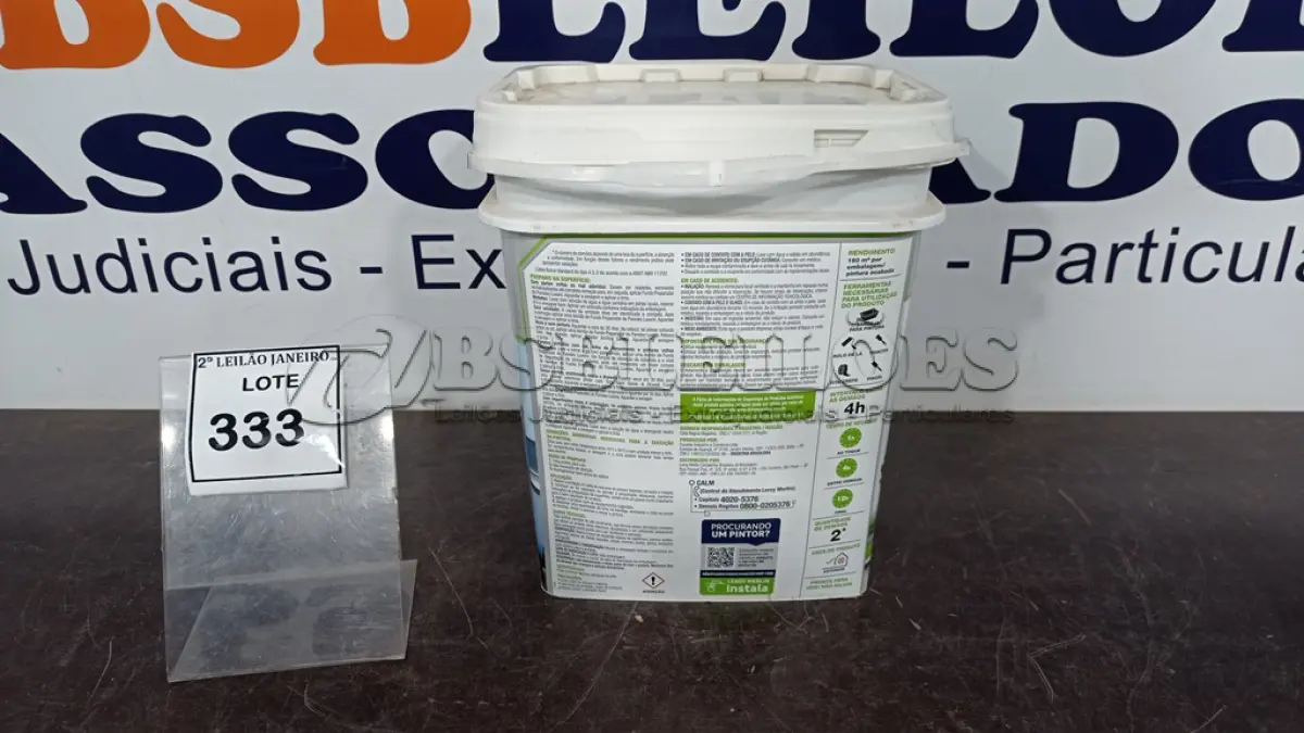 LOTE 333 - 01 BALDE DE TINTA ACRÍLICA EXTERIOR STANDARD DE 18L NA COR ALPACA FOSCO MARCA LUXENS. (NO ESTADO) ATENÇÃO! FAZER A VISITAÇÃO ANTES DE ARREMATAR, NÃO SABEMOS SE FUNCIONA, LEILÃO NÃO TEM GARANTIA E NEM DEVOLUÇÃO, SUJEITO A POSSÍVEIS AVARIAS VISÍVEIS/OCULTAS E/OU AUSÊNCIA DE COMPONENTES.