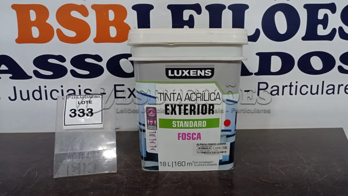 LOTE 333 - 01 BALDE DE TINTA ACRÍLICA EXTERIOR STANDARD DE 18L NA COR ALPACA FOSCO MARCA LUXENS. (NO ESTADO) ATENÇÃO! FAZER A VISITAÇÃO ANTES DE ARREMATAR, NÃO SABEMOS SE FUNCIONA, LEILÃO NÃO TEM GARANTIA E NEM DEVOLUÇÃO, SUJEITO A POSSÍVEIS AVARIAS VISÍVEIS/OCULTAS E/OU AUSÊNCIA DE COMPONENTES.
